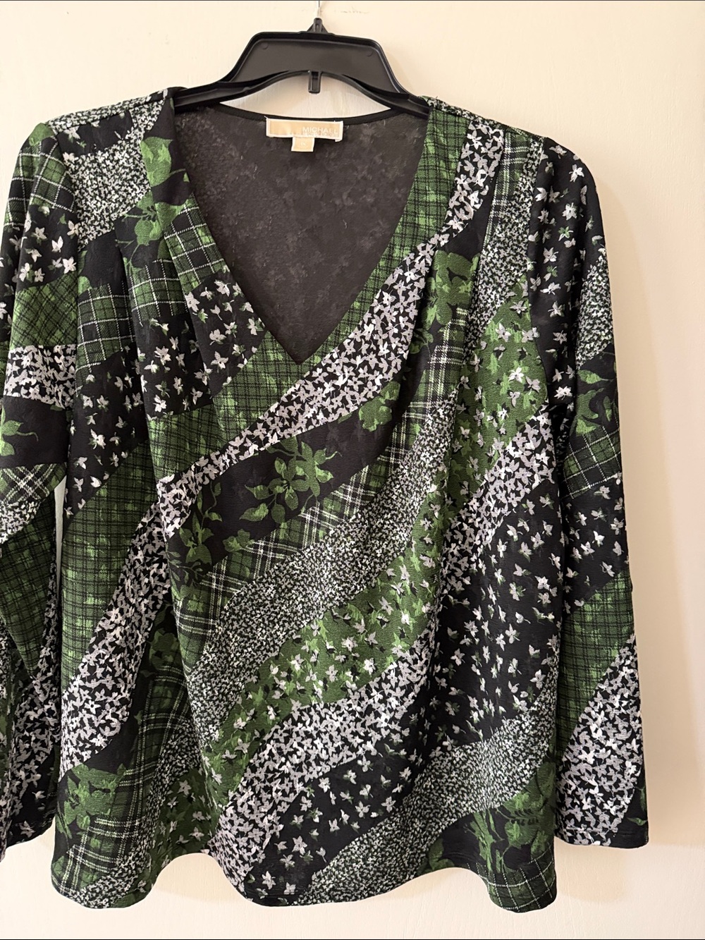 Michael Kors Black and Green V-Neck Patchwork Print Tunic Top